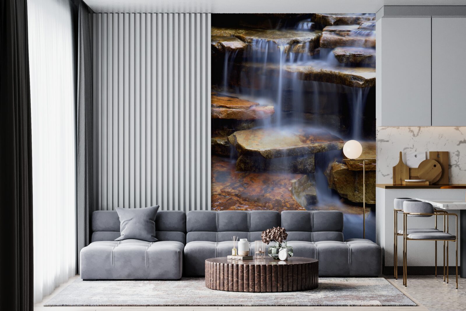 Fototapeten Wasserfallkette mit Steinregalen