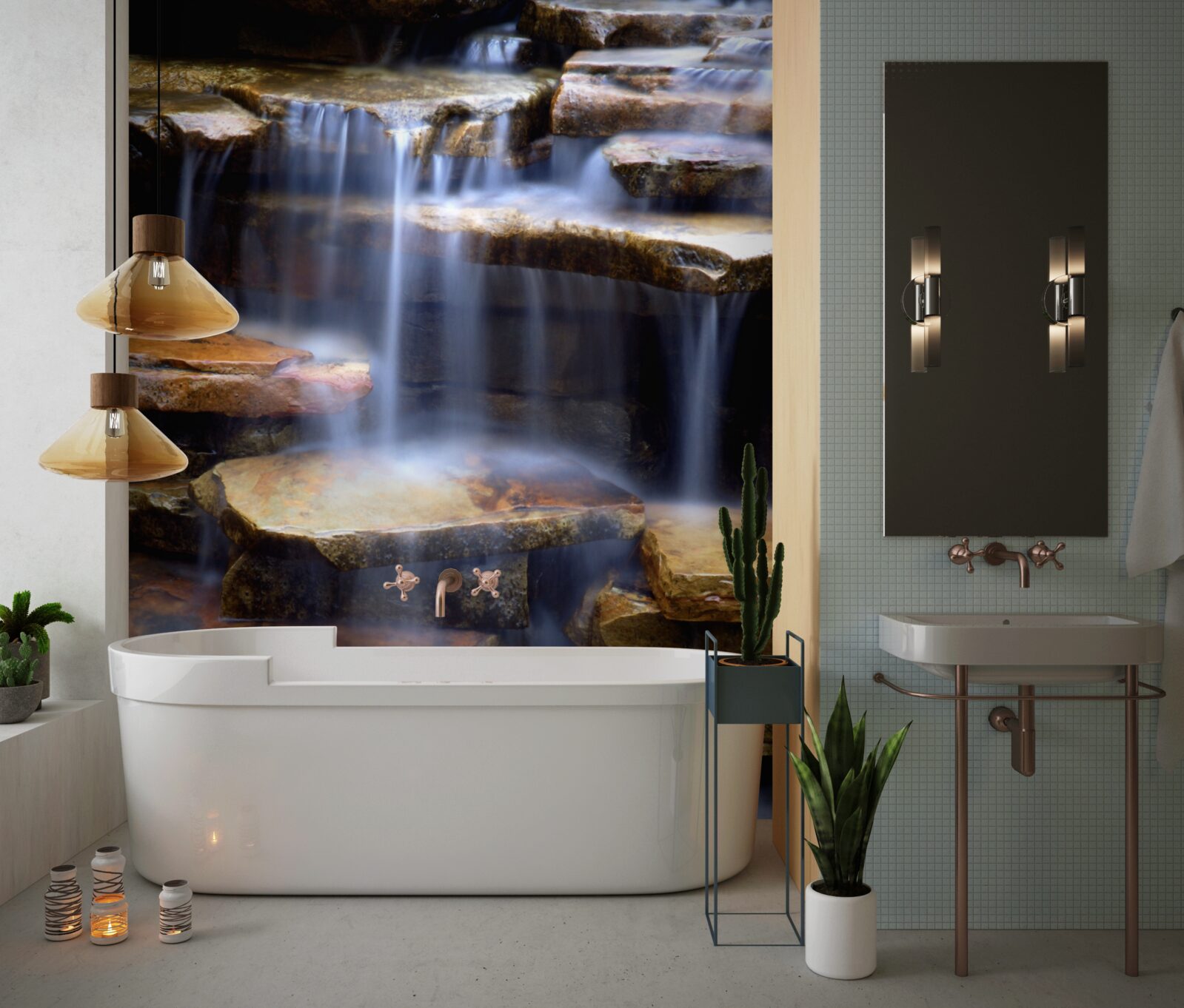 Fototapeten Wasserfallkette mit Steinregalen