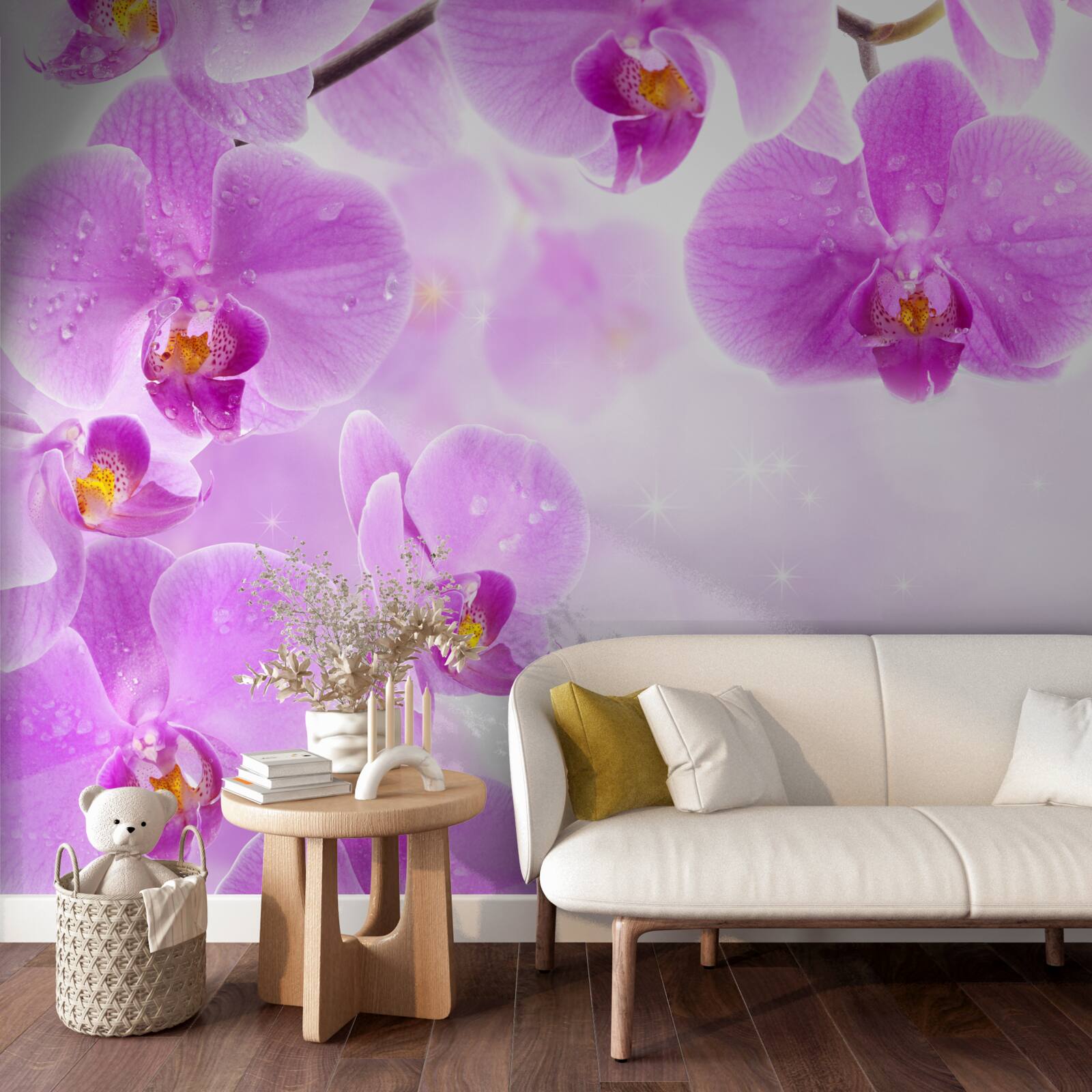 Fototapeten Große lila Orchideen, die auf den Zweigen blühten