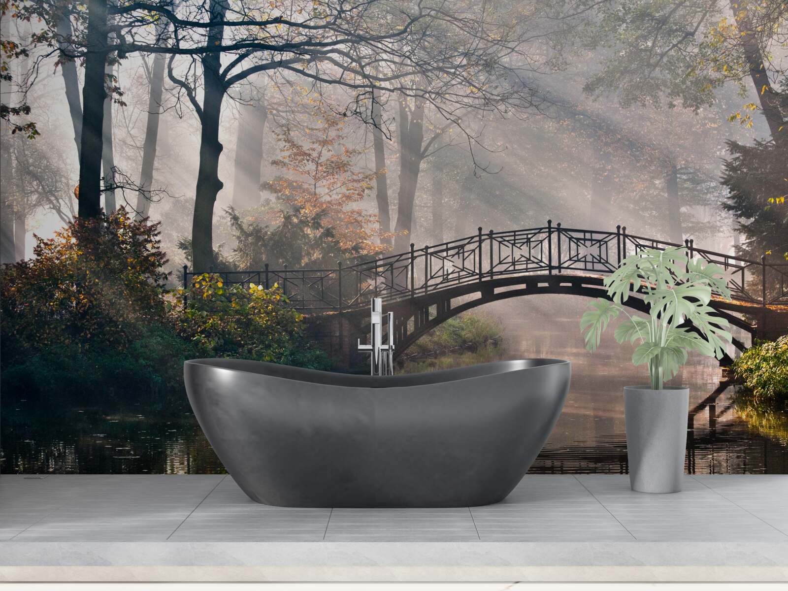 Fototapeten ruinierte Metallbrücke über einen ruhigen Fluss