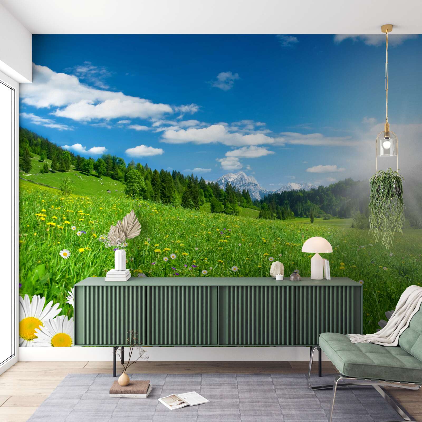 Fototapeten Leichter Morgen über der blühenden Wiese und Gänseblümchen