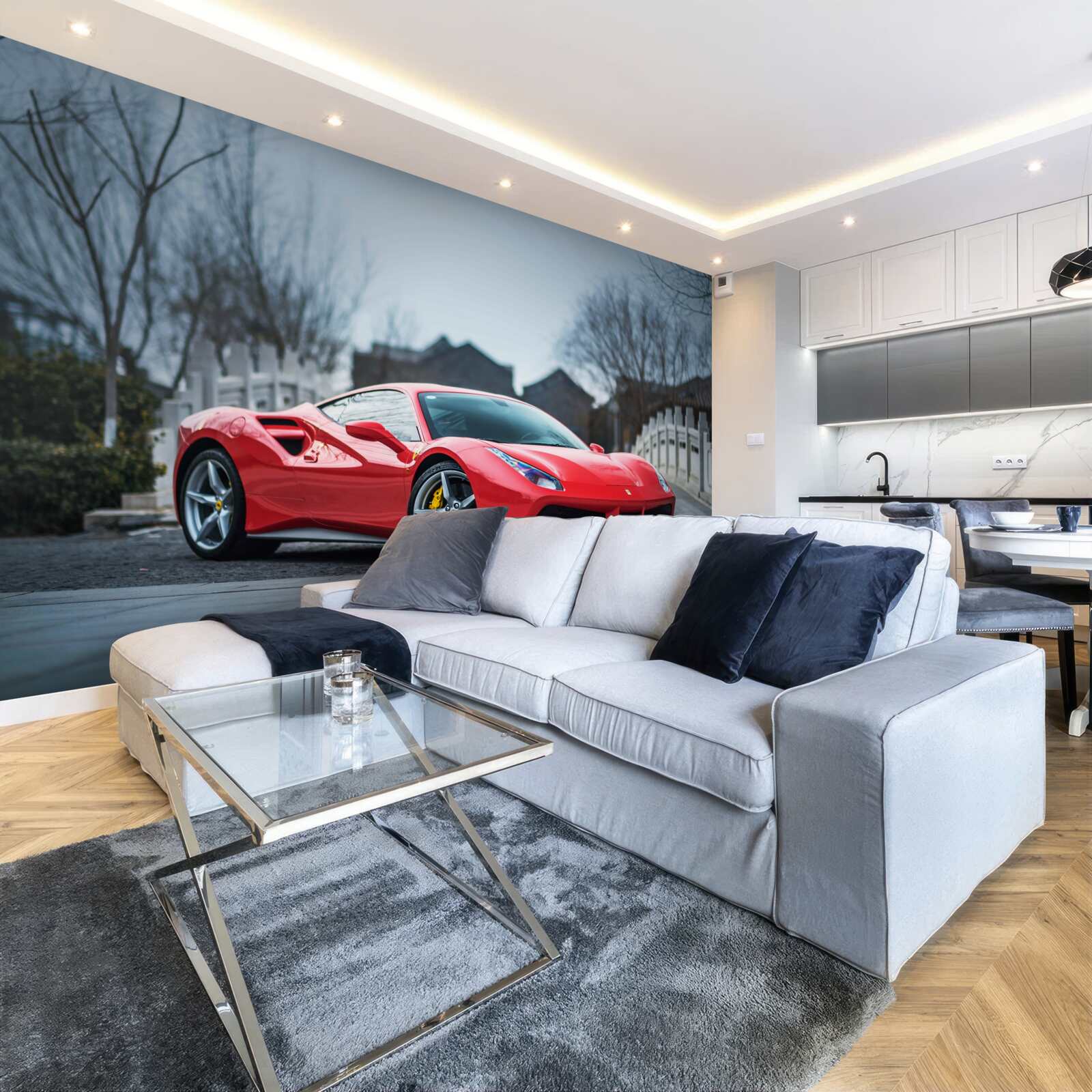 Fototapeten Wunderbarer grauer Ferrari bei regnerischem Wetter