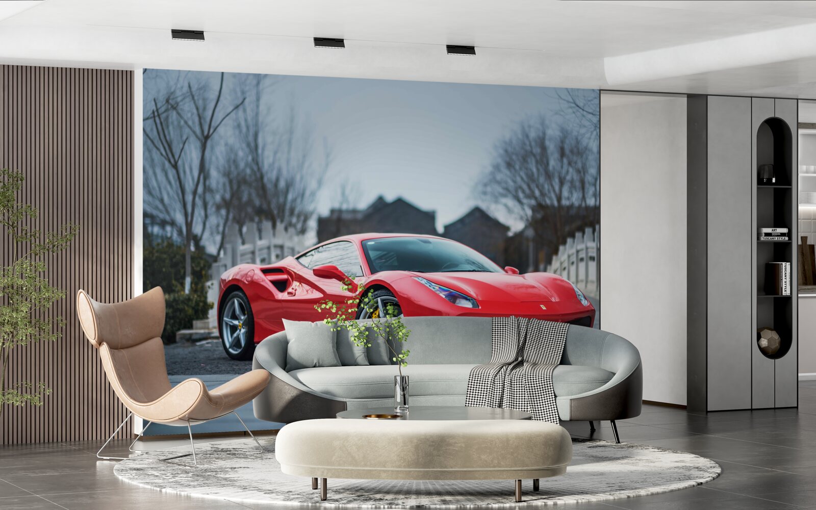 Fototapeten Wunderbarer grauer Ferrari bei regnerischem Wetter