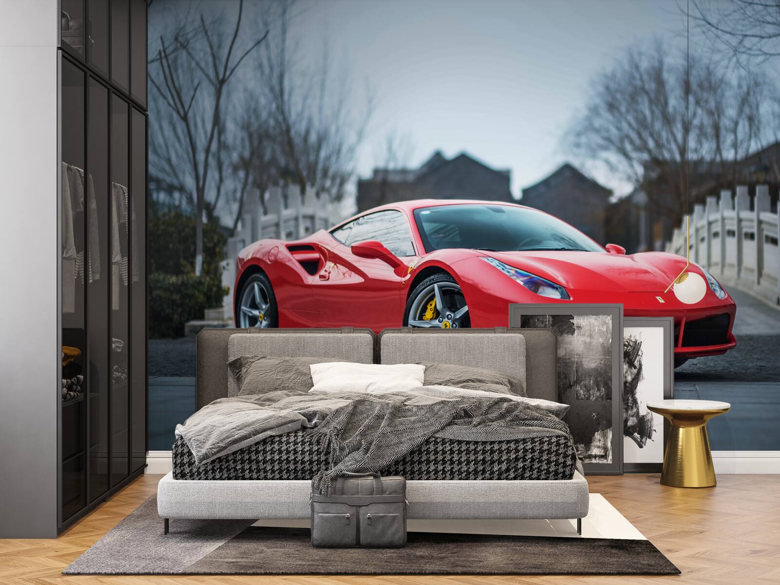 Fototapeten Wunderbarer grauer Ferrari bei regnerischem Wetter