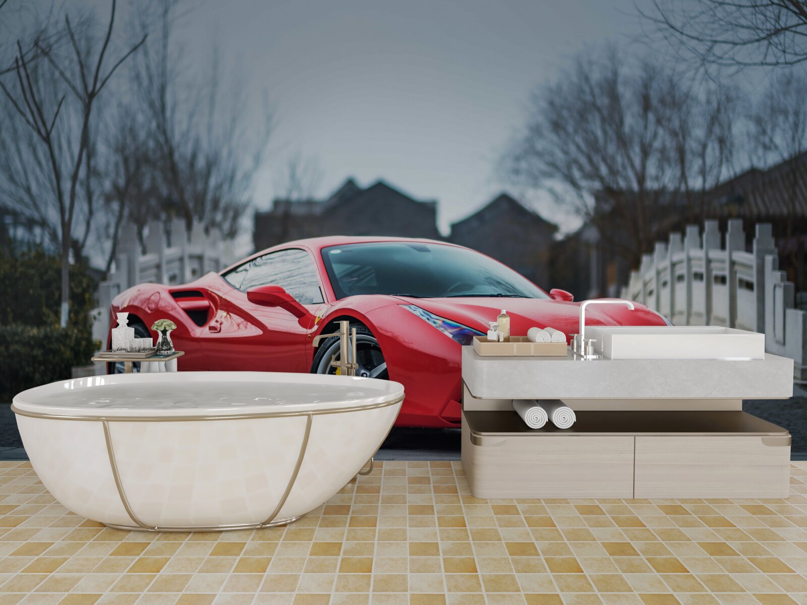 Fototapeten Wunderbarer grauer Ferrari bei regnerischem Wetter
