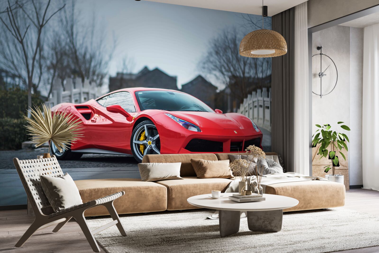 Fototapeten Wunderbarer grauer Ferrari bei regnerischem Wetter