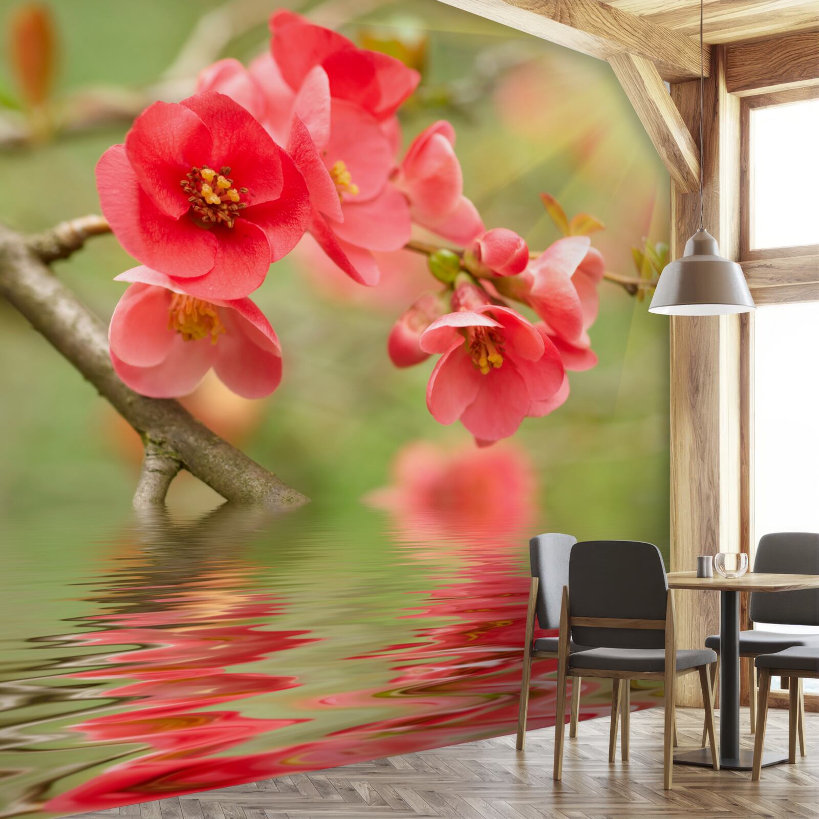 Fototapeten Sakuras scharlachrote Blumen sind stolz auf das Wasser an einem fröhlichen Tag