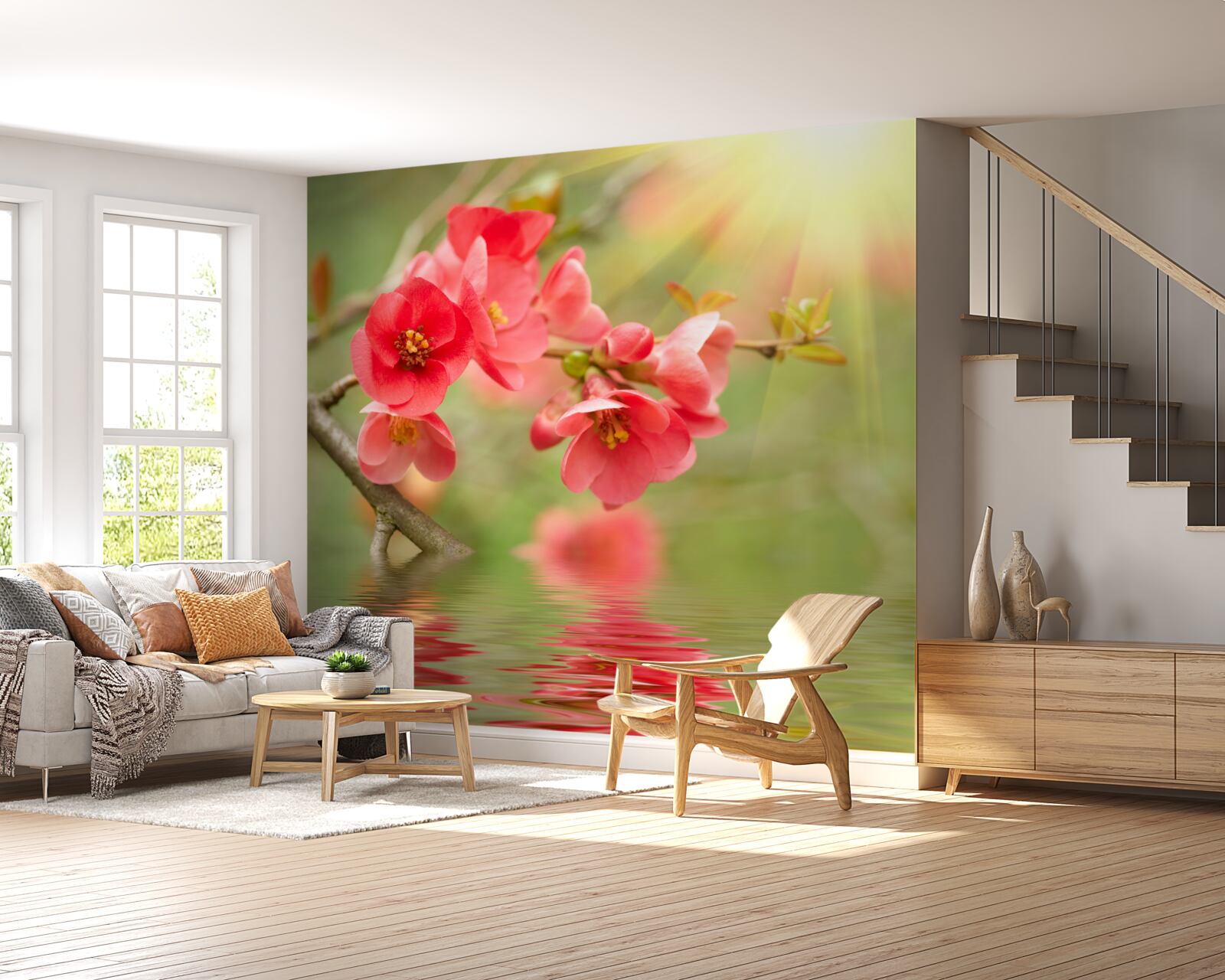 Fototapeten Sakuras scharlachrote Blumen sind stolz auf das Wasser an einem fröhlichen Tag