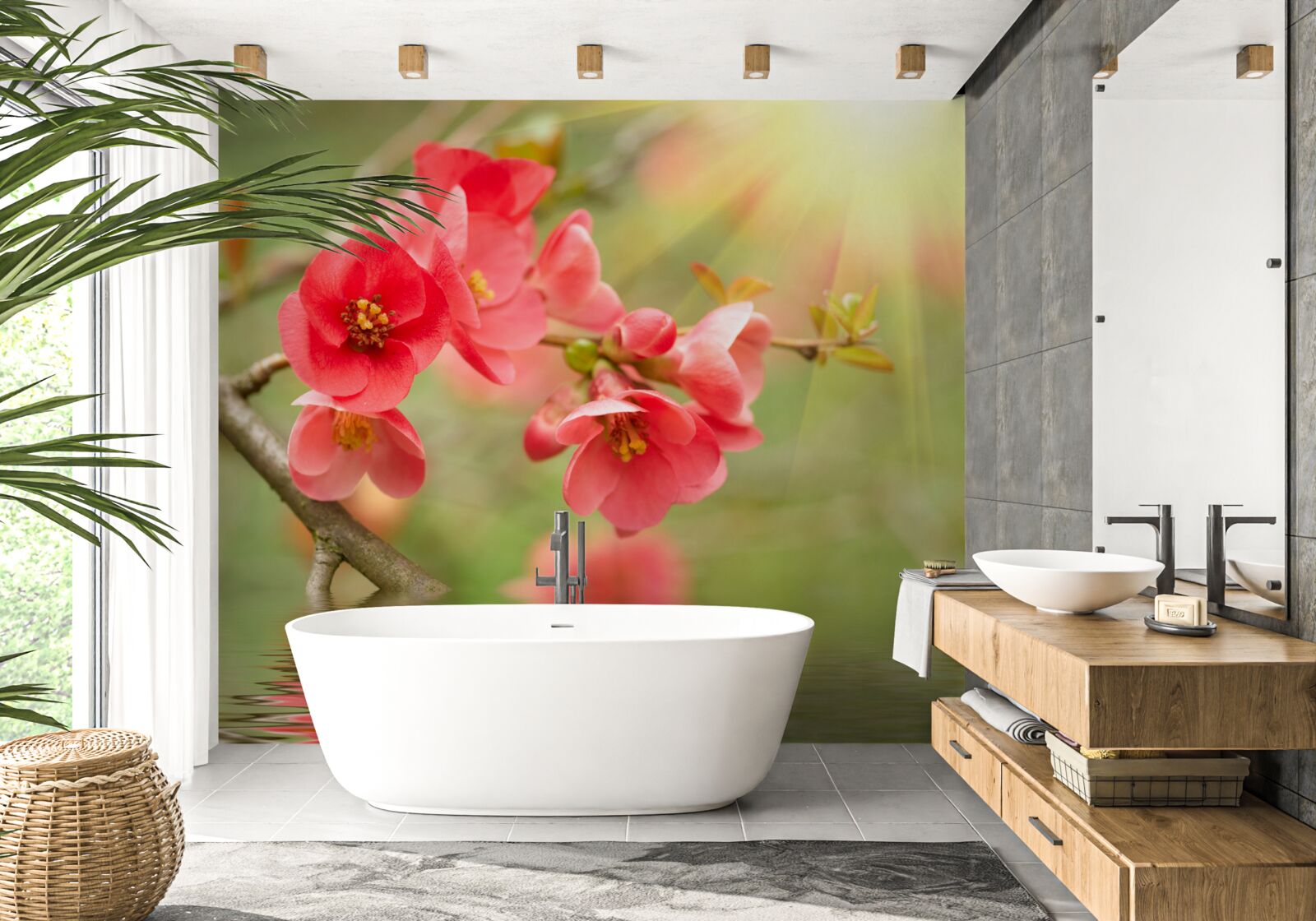 Fototapeten Sakuras scharlachrote Blumen sind stolz auf das Wasser an einem fröhlichen Tag