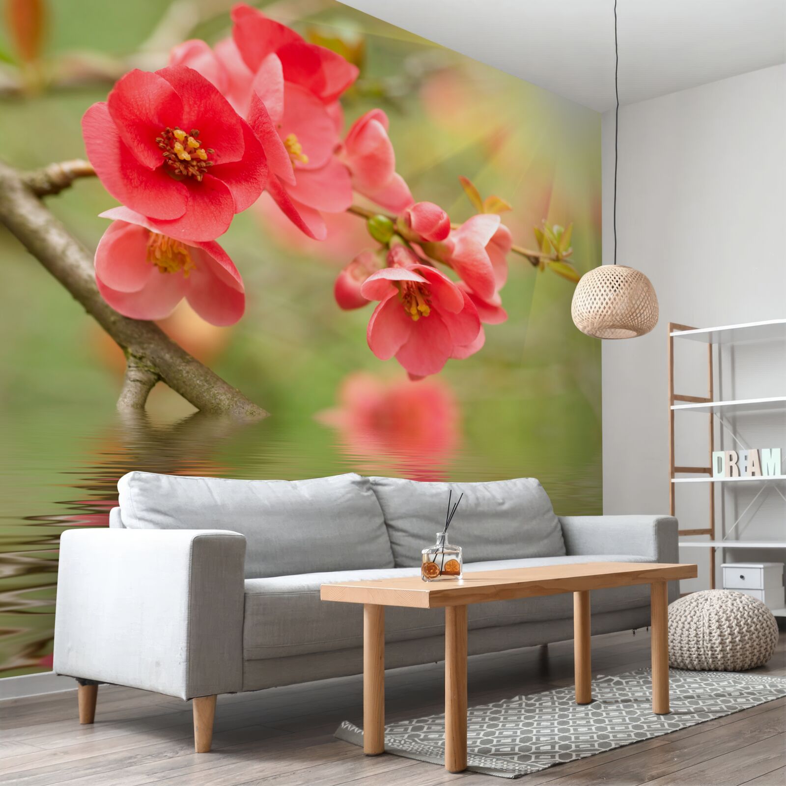Fototapeten Sakuras scharlachrote Blumen sind stolz auf das Wasser an einem fröhlichen Tag