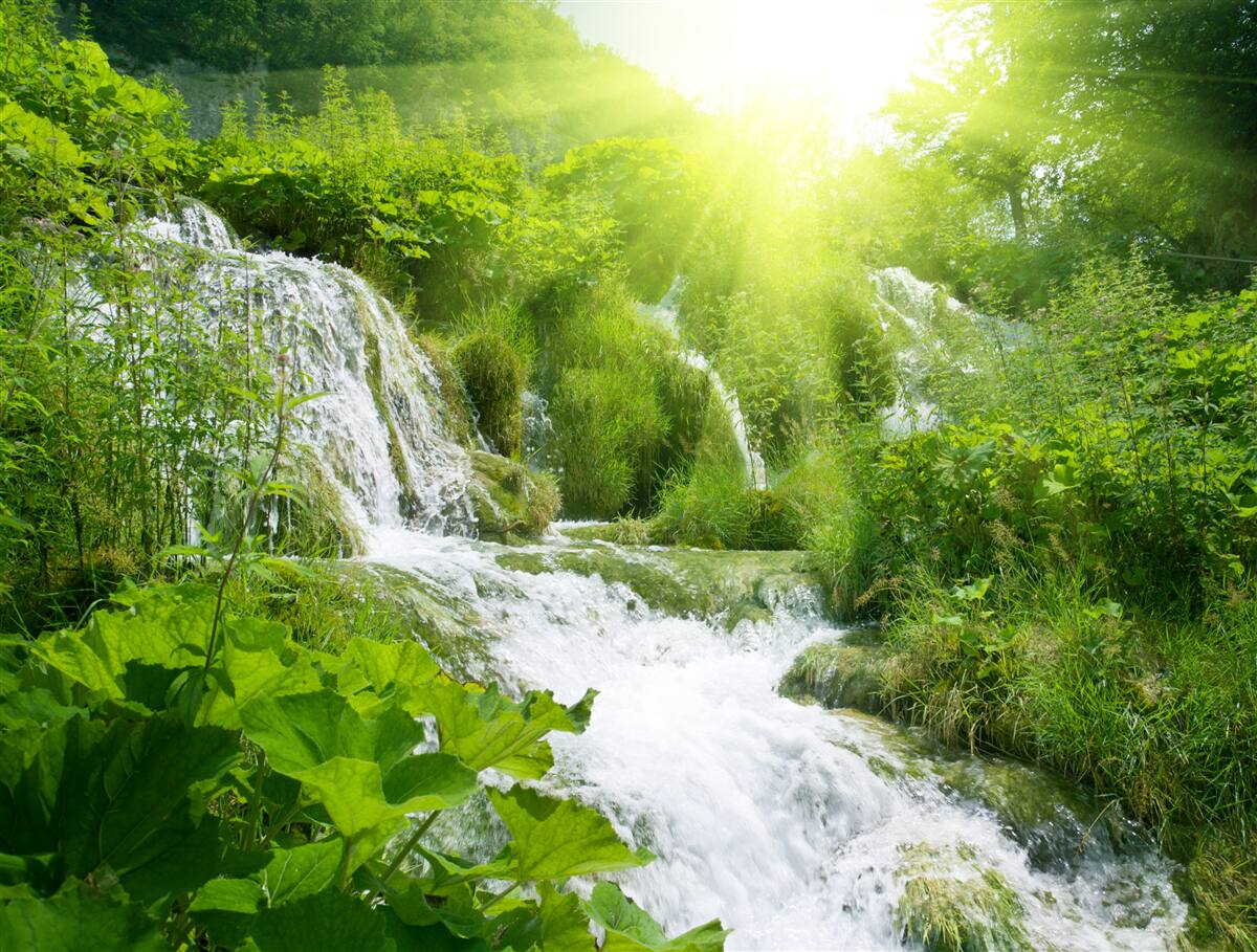 Fototapeten Die schillernde Sonne wird durch den schäumenden Wasserfall beleuchtet