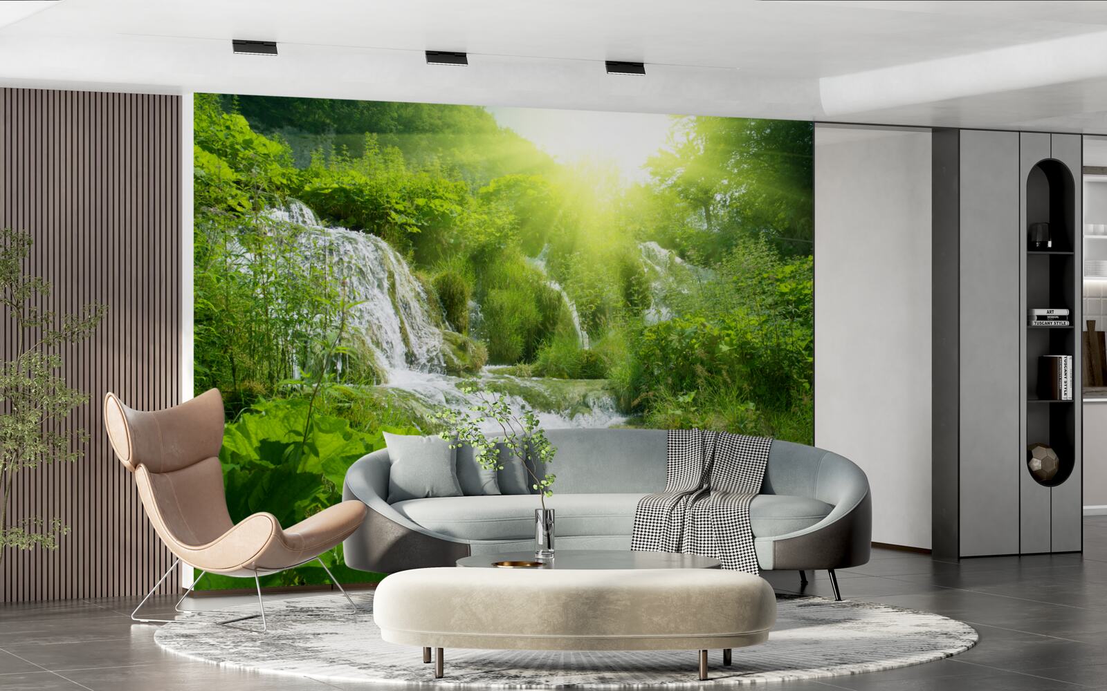 Fototapeten Die schillernde Sonne wird durch den schäumenden Wasserfall beleuchtet