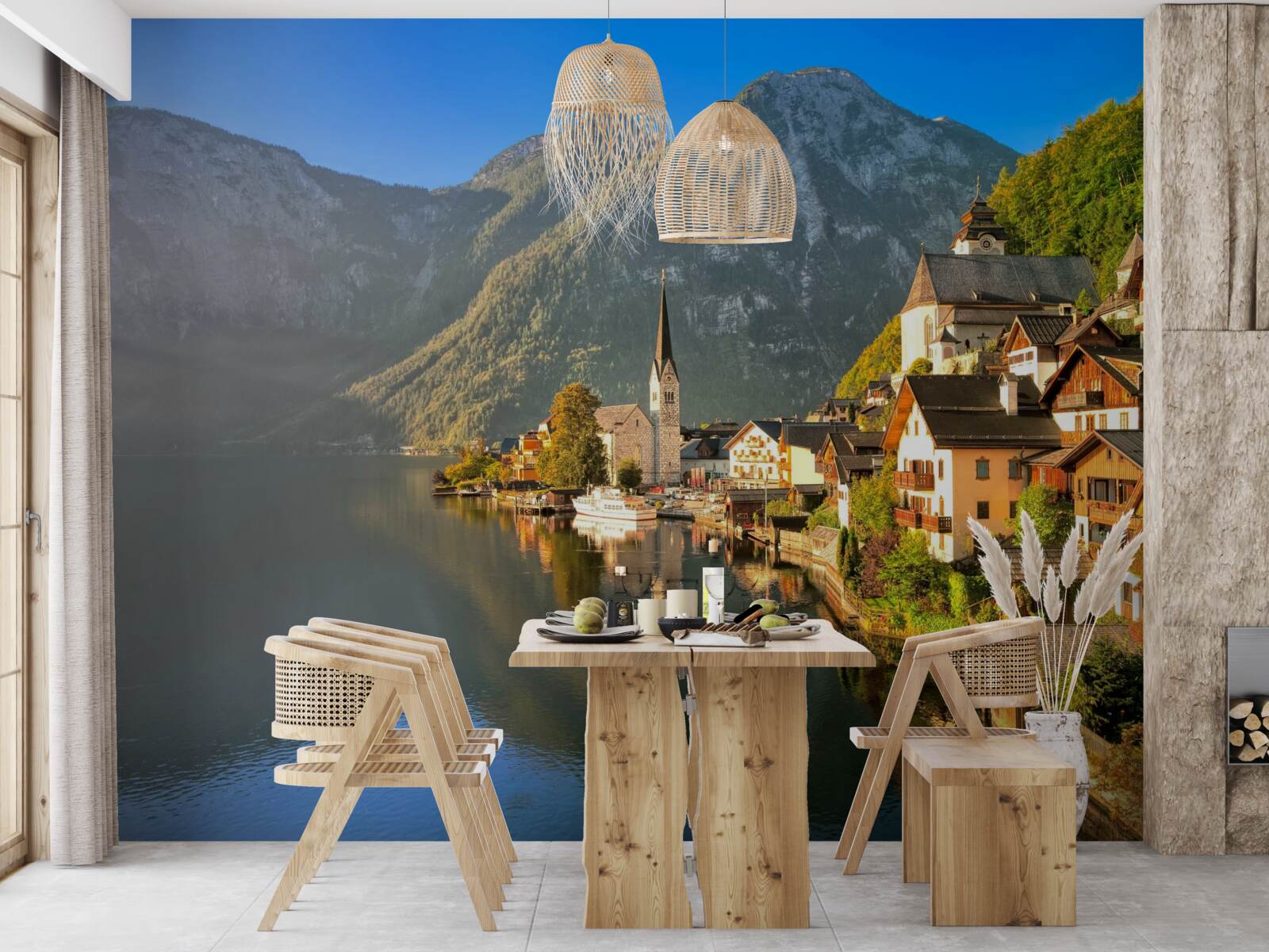Fototapeten Ein Dorf in der Schweiz, umgeben von Teichen und Bergen