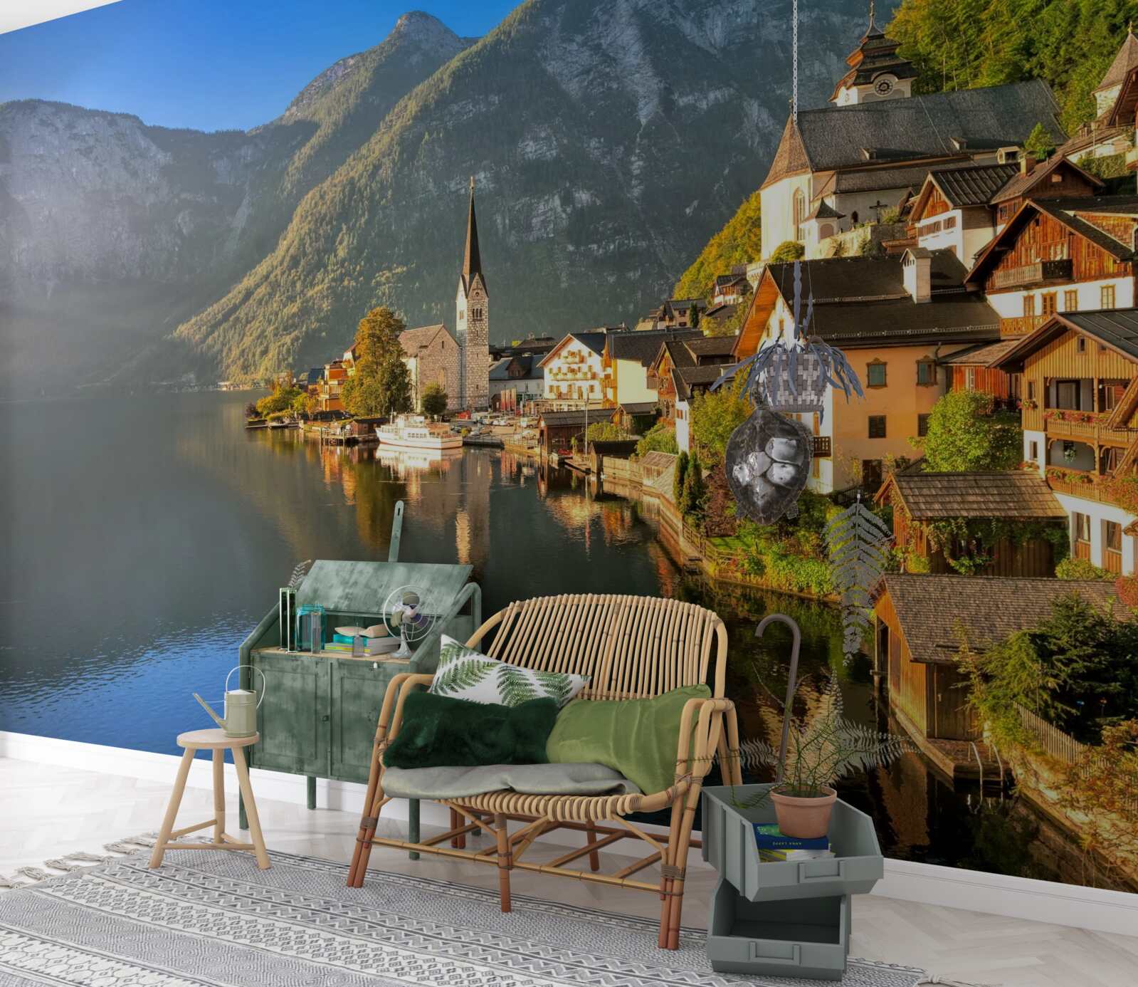 Fototapeten Ein Dorf in der Schweiz, umgeben von Teichen und Bergen
