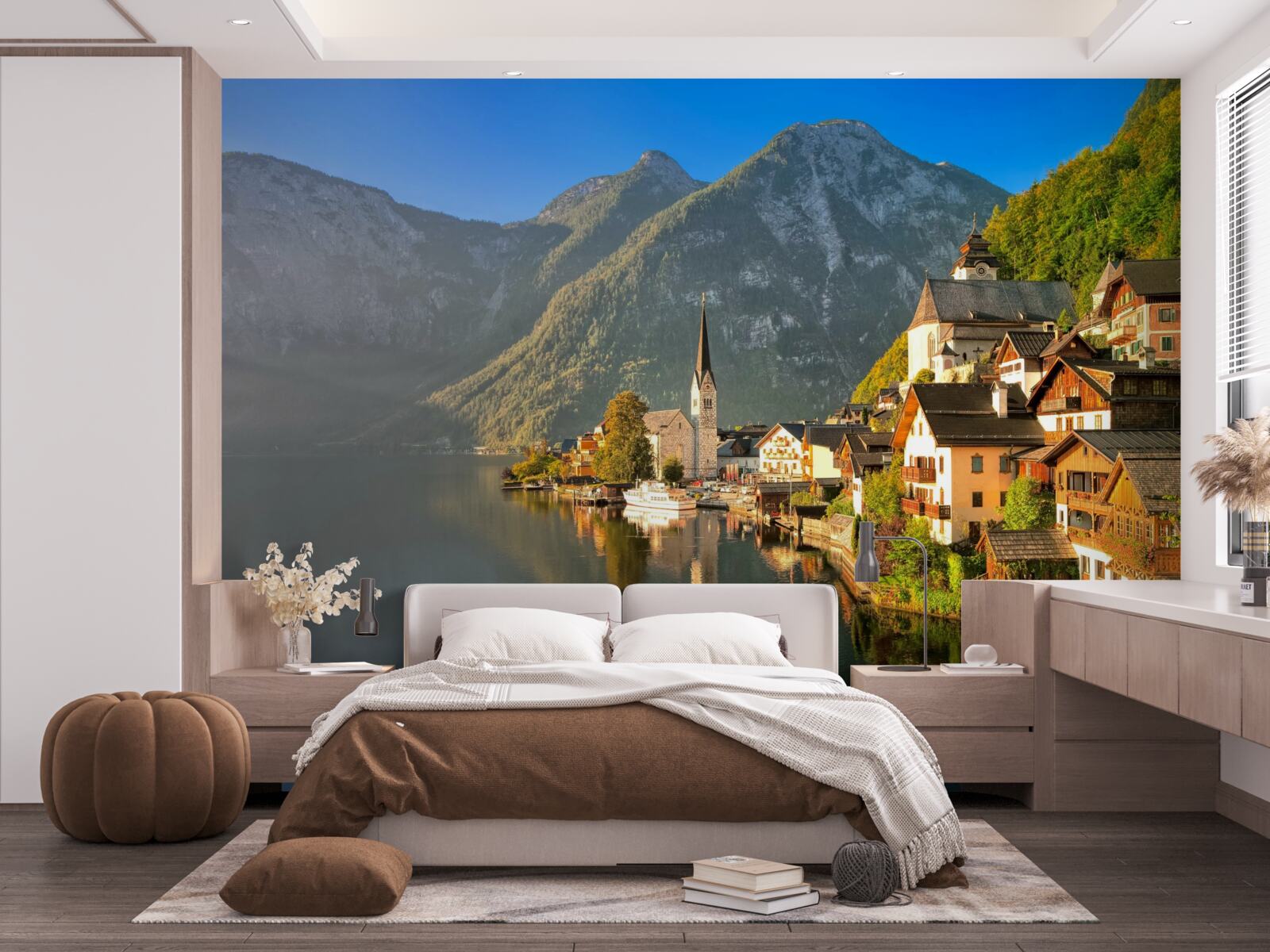 Fototapeten Ein Dorf in der Schweiz, umgeben von Teichen und Bergen