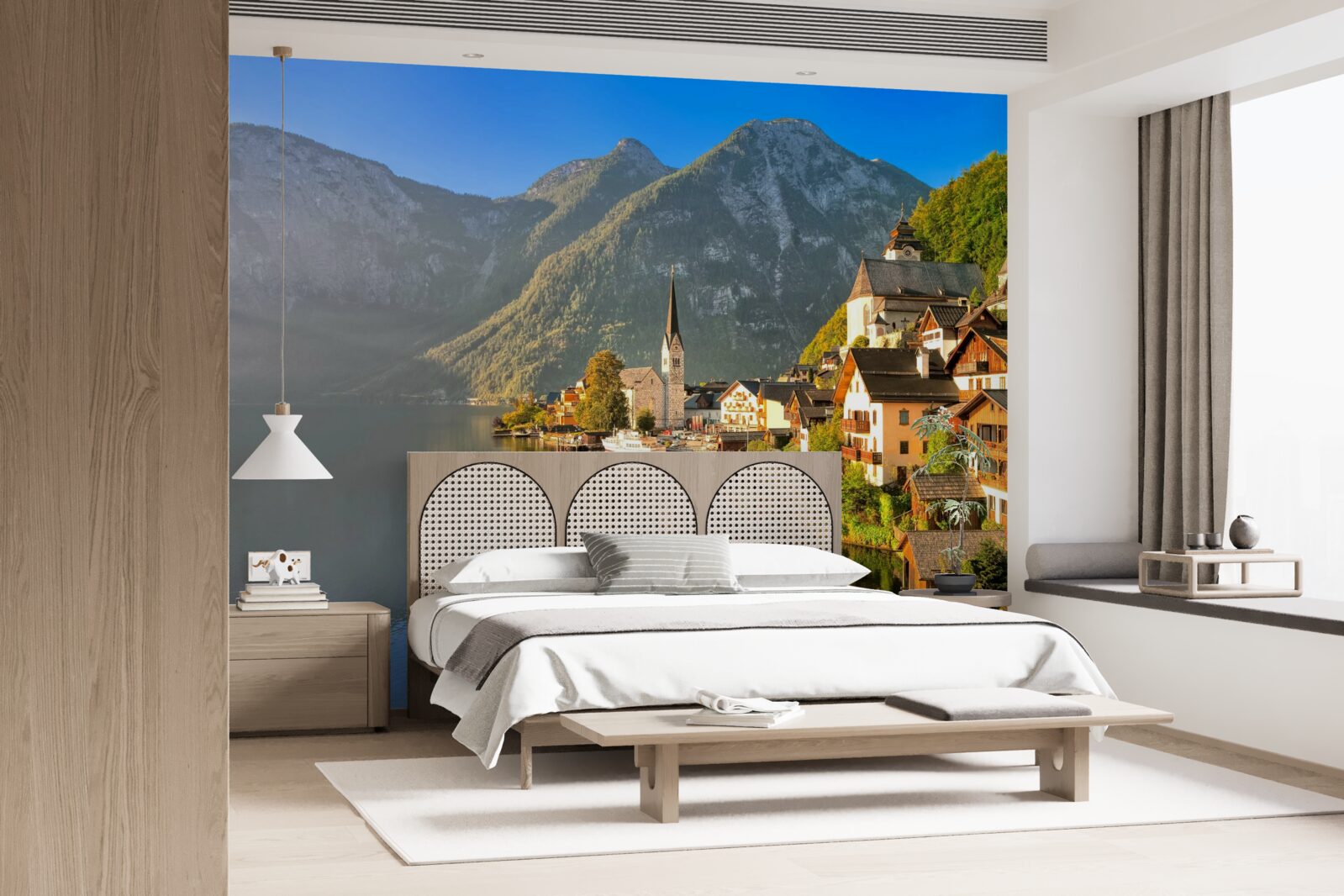 Fototapeten Ein Dorf in der Schweiz, umgeben von Teichen und Bergen