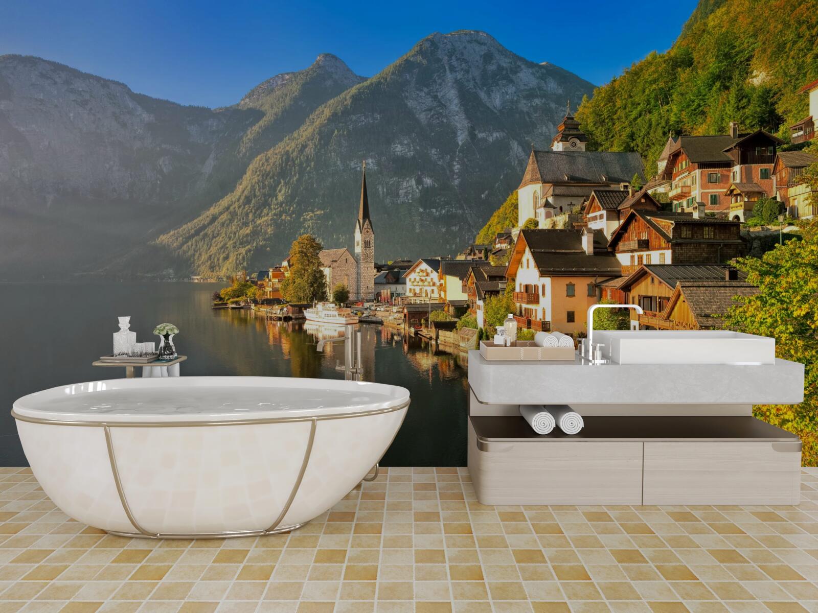 Fototapeten Ein Dorf in der Schweiz, umgeben von Teichen und Bergen