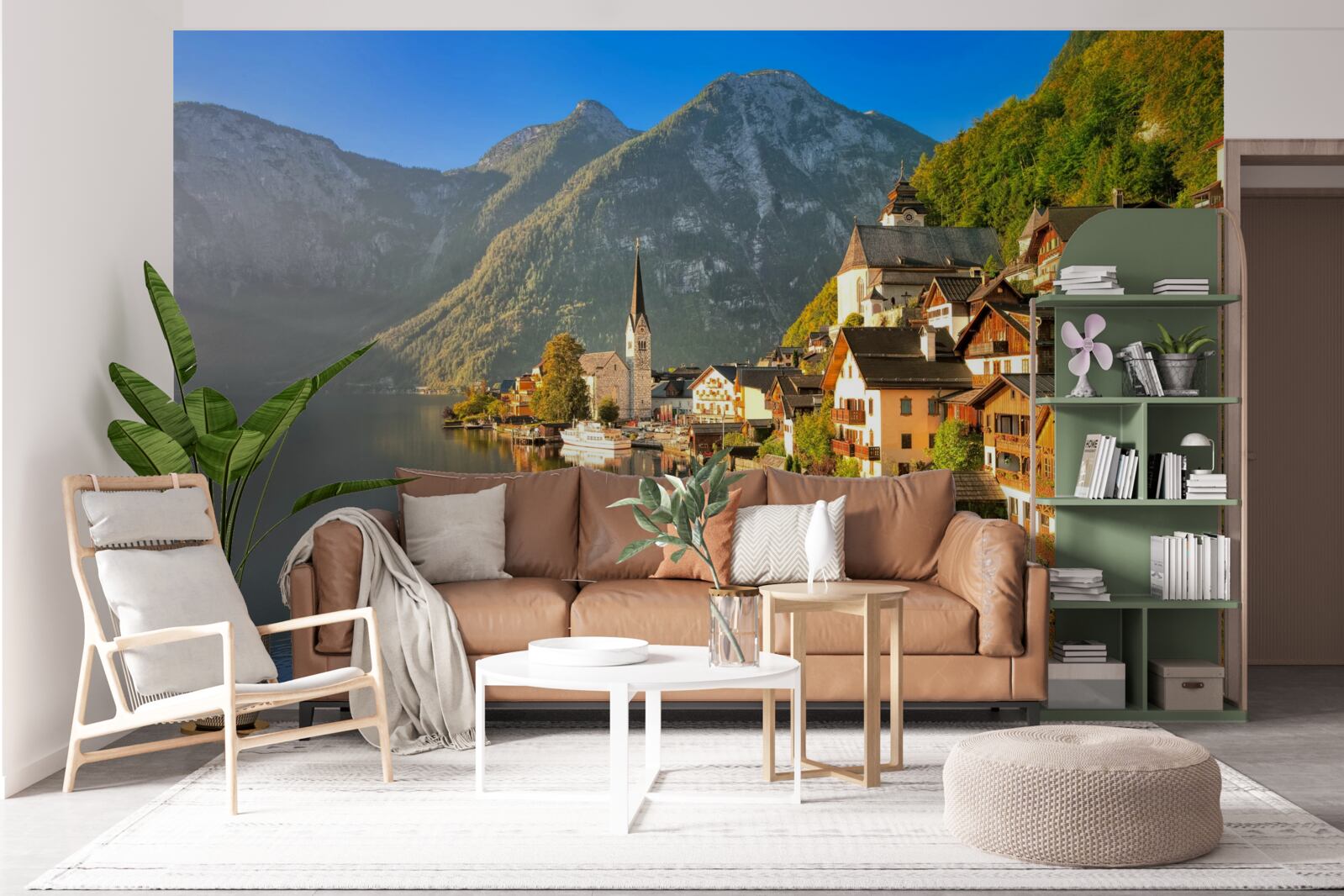 Fototapeten Ein Dorf in der Schweiz, umgeben von Teichen und Bergen