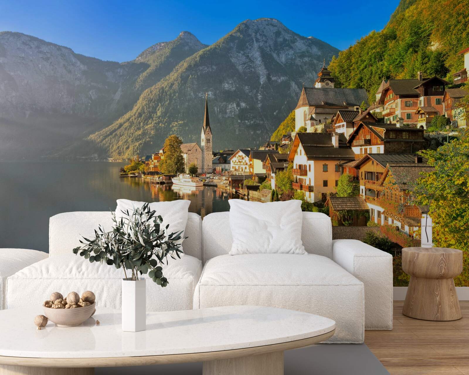 Fototapeten Ein Dorf in der Schweiz, umgeben von Teichen und Bergen
