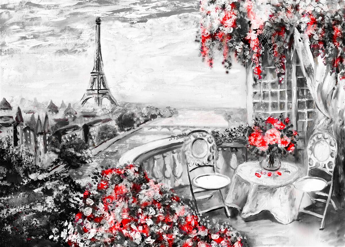 Fototapeten Ein gemütliches Café auf der Veranda mit Blick auf den Eiffelturm