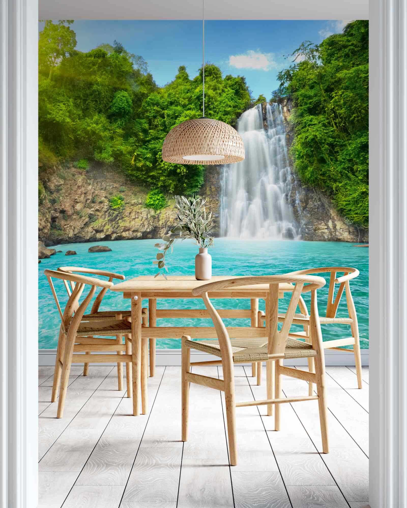 Fototapeten Dankbarer Wasserfall fällt in den blauen See