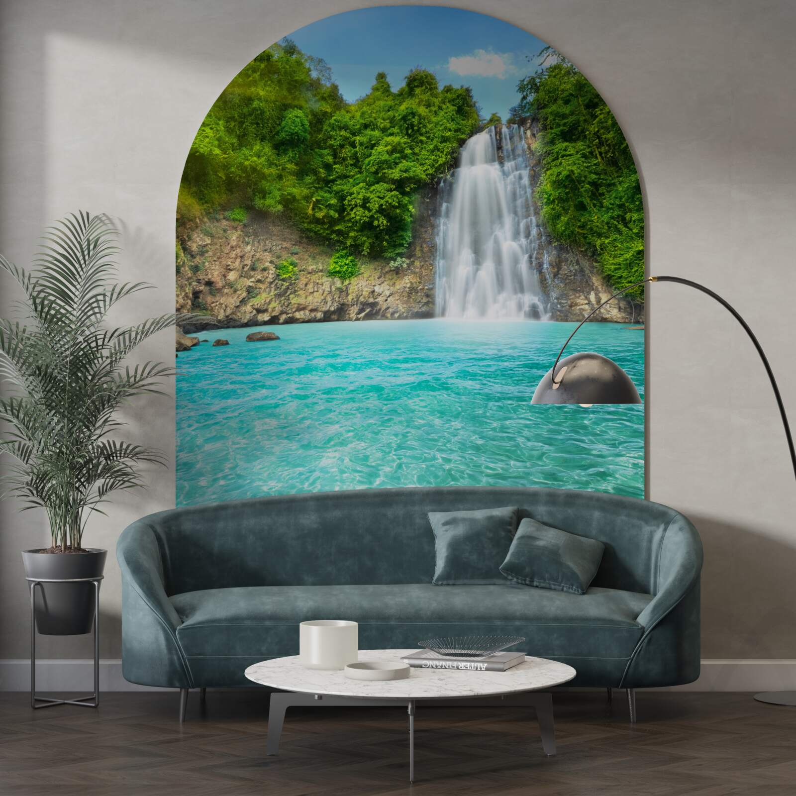 Fototapeten Dankbarer Wasserfall fällt in den blauen See