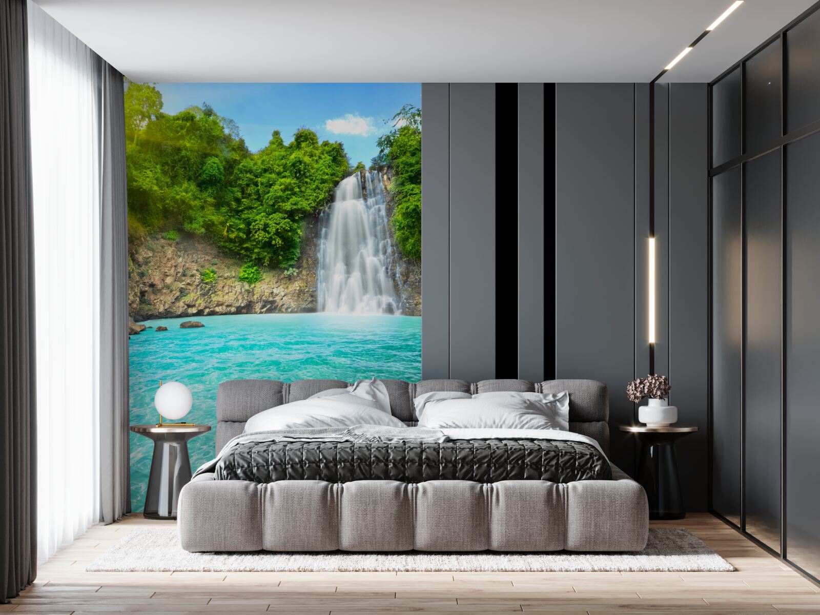 Fototapeten Dankbarer Wasserfall fällt in den blauen See
