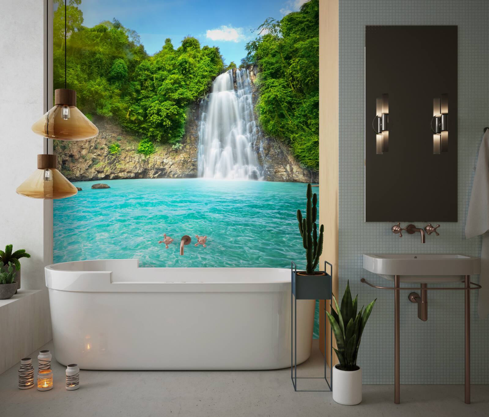 Fototapeten Dankbarer Wasserfall fällt in den blauen See