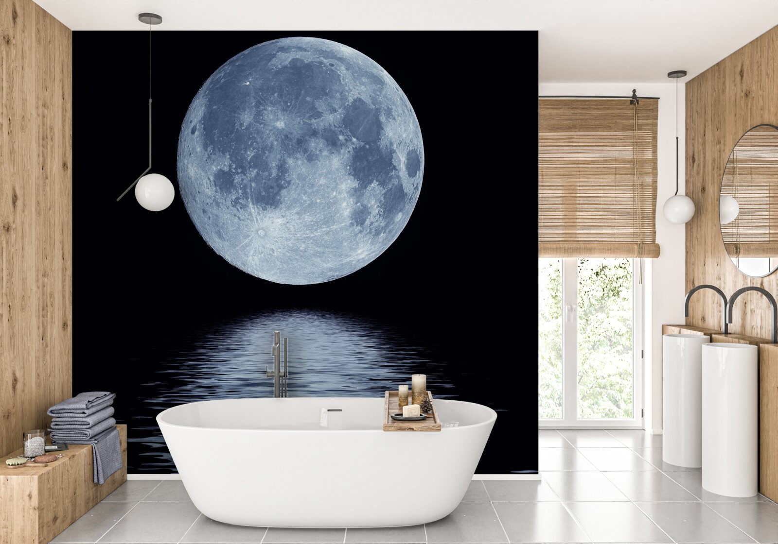 Fototapeten Der Mond ist im Spiegelbild von Meerwasser vollständig sichtbar