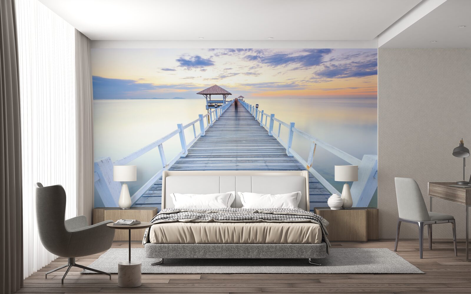 Fototapeten Pier mit einem Pavillon im Wasser im Morgengrauen, der bereits viel gesehen hat