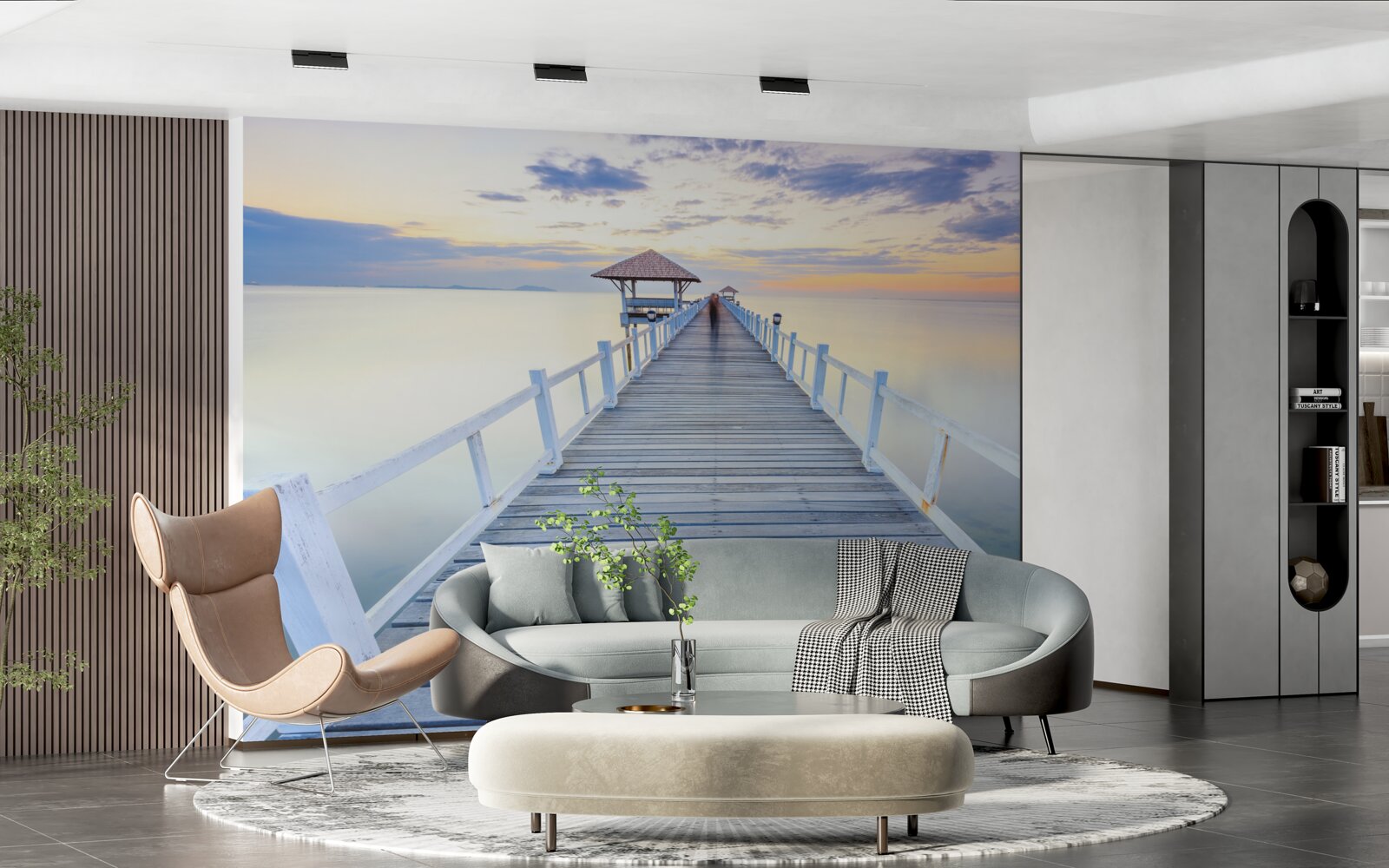 Fototapeten Pier mit einem Pavillon im Wasser im Morgengrauen, der bereits viel gesehen hat