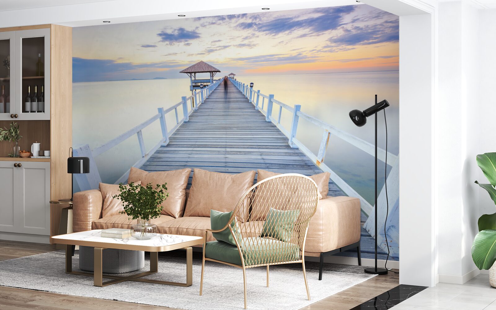 Fototapeten Pier mit einem Pavillon im Wasser im Morgengrauen, der bereits viel gesehen hat