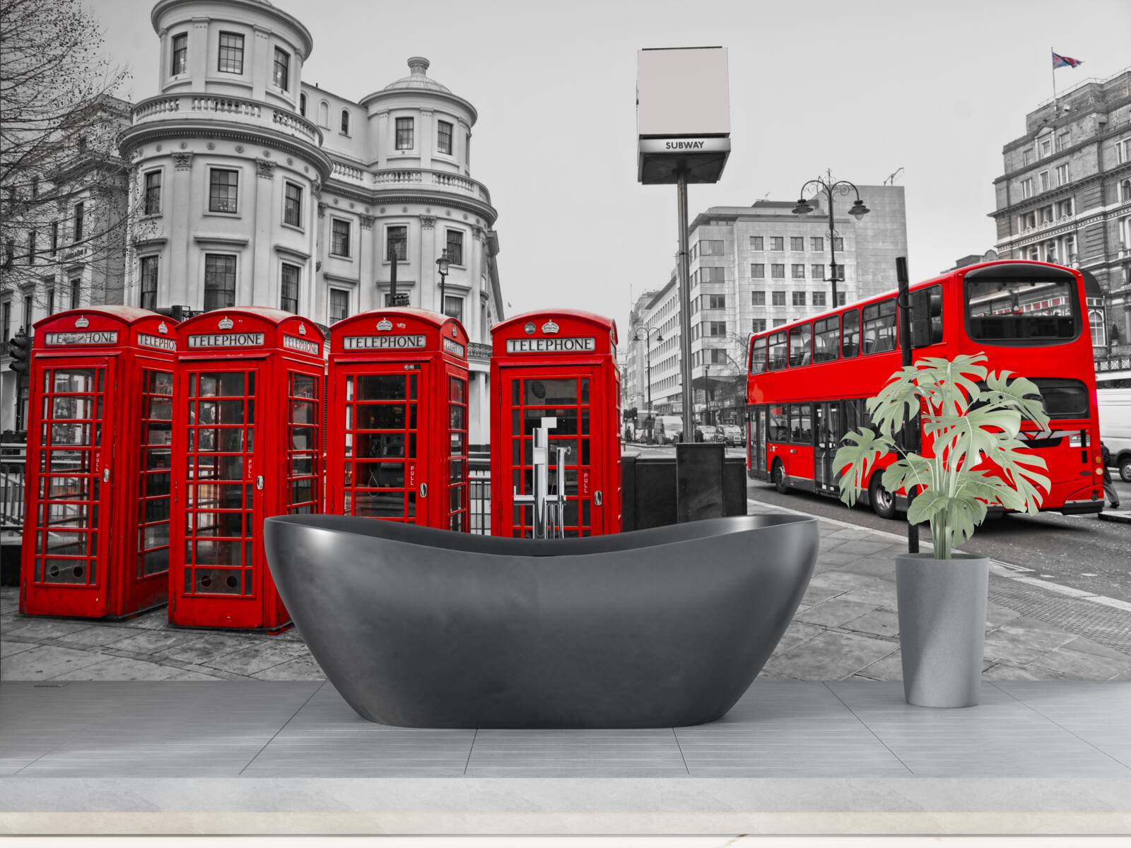 Fototapeten In der grauen Stadt gibt es rote Busse und Telefonzellen