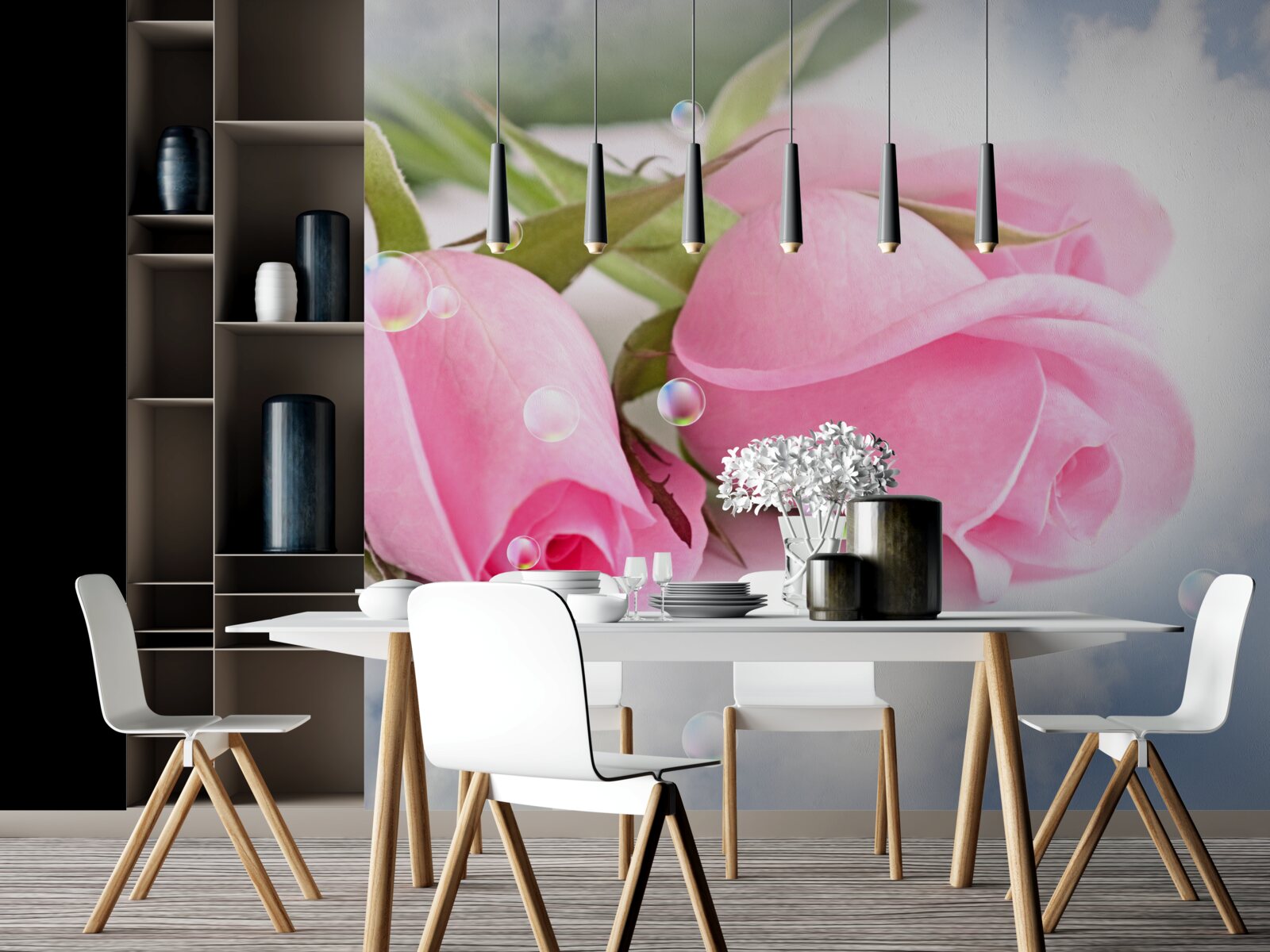 Fototapeten Rosa Rosen mit Tau -Tropfen auf einem Seidenhintergrund