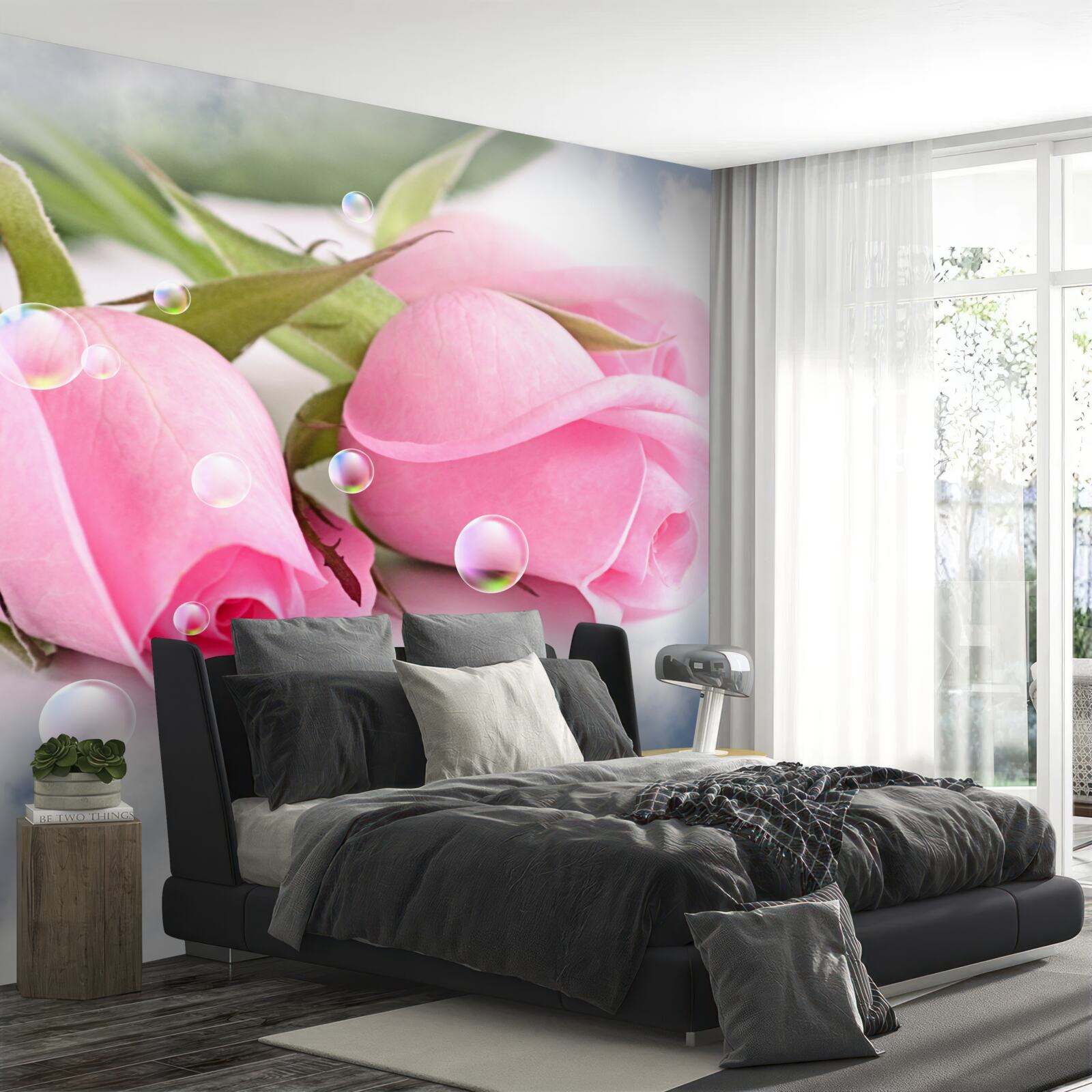 Fototapeten Rosa Rosen mit Tau -Tropfen auf einem Seidenhintergrund