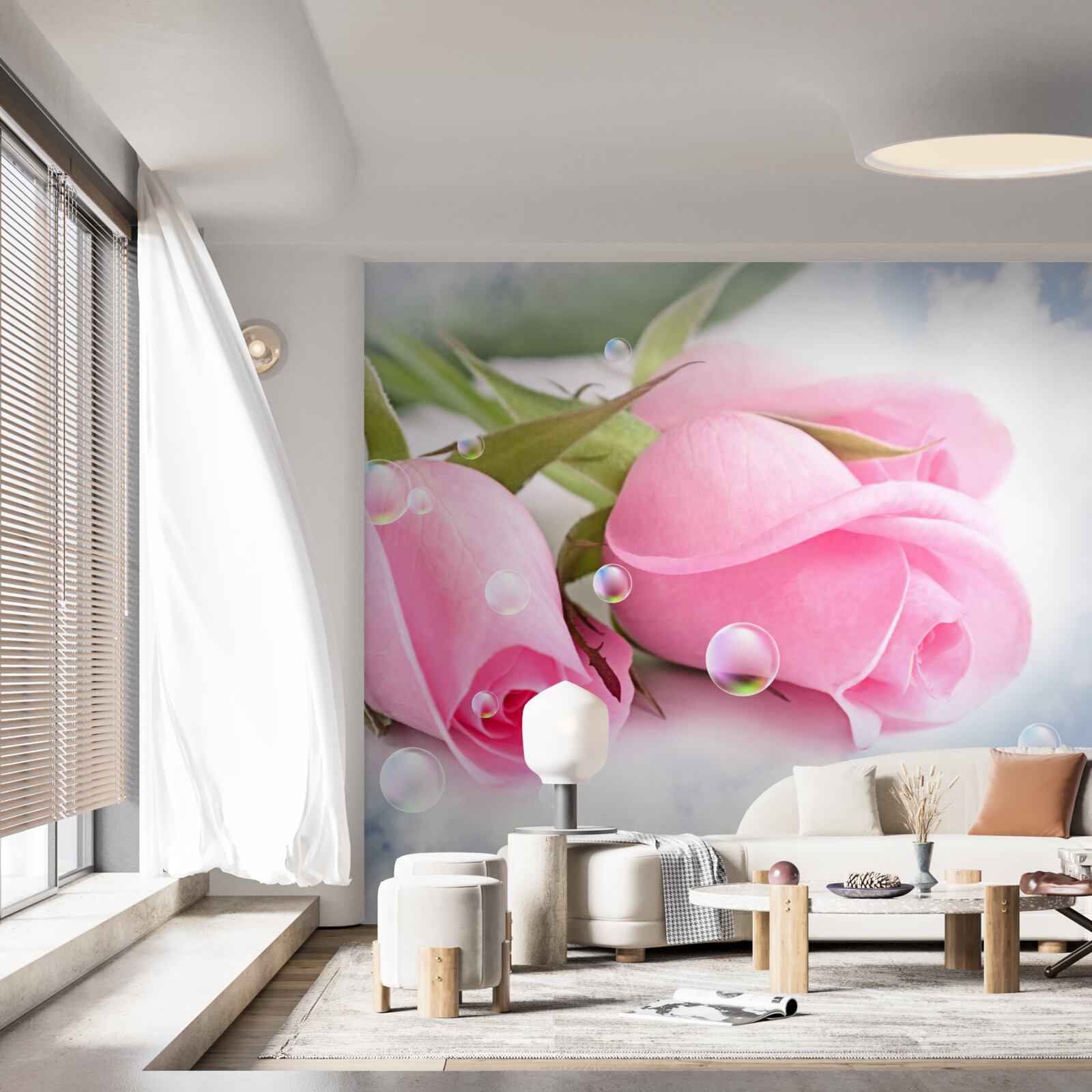 Fototapeten Rosa Rosen mit Tau -Tropfen auf einem Seidenhintergrund