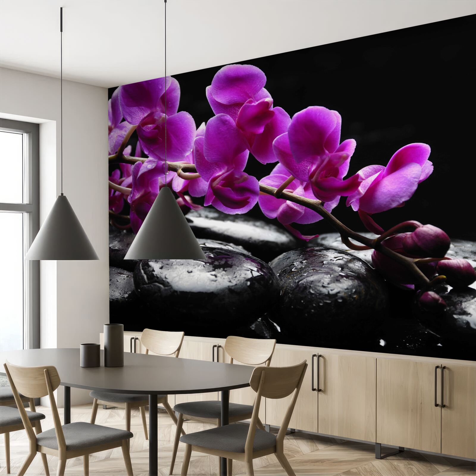 Fototapeten Schwarzer Stein mit einem lila Orchideenzweig