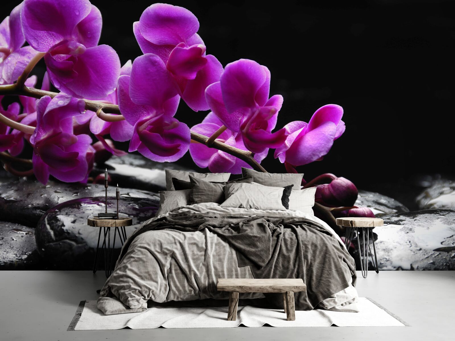 Fototapeten Schwarzer Stein mit einem lila Orchideenzweig