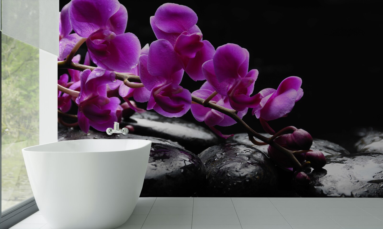 Fototapeten Schwarzer Stein mit einem lila Orchideenzweig
