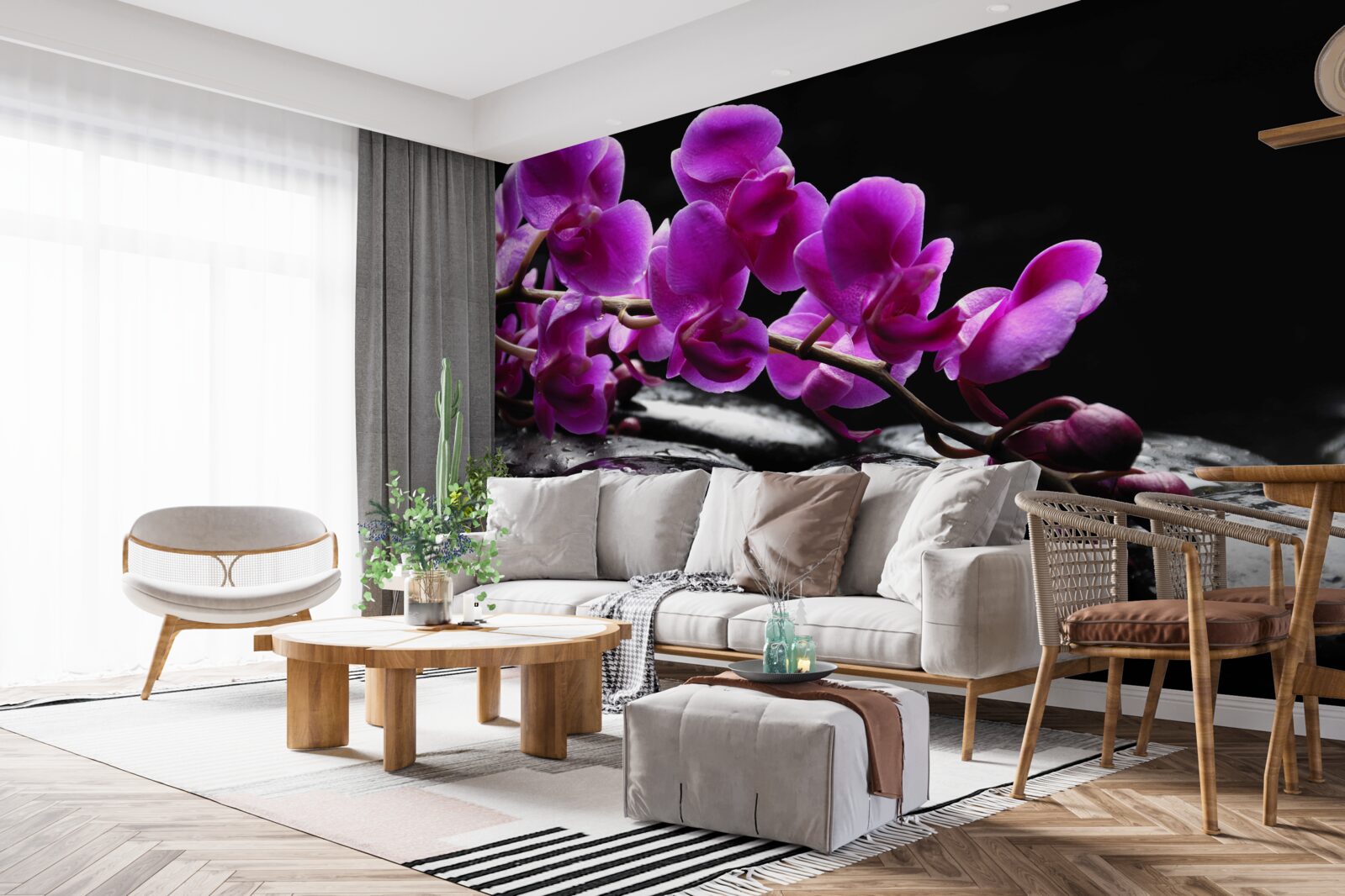 Fototapeten Schwarzer Stein mit einem lila Orchideenzweig