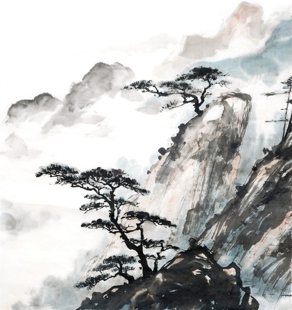 Fototapeten Aquarell, das einen Wasserfall und einsame Bäume darstellt
