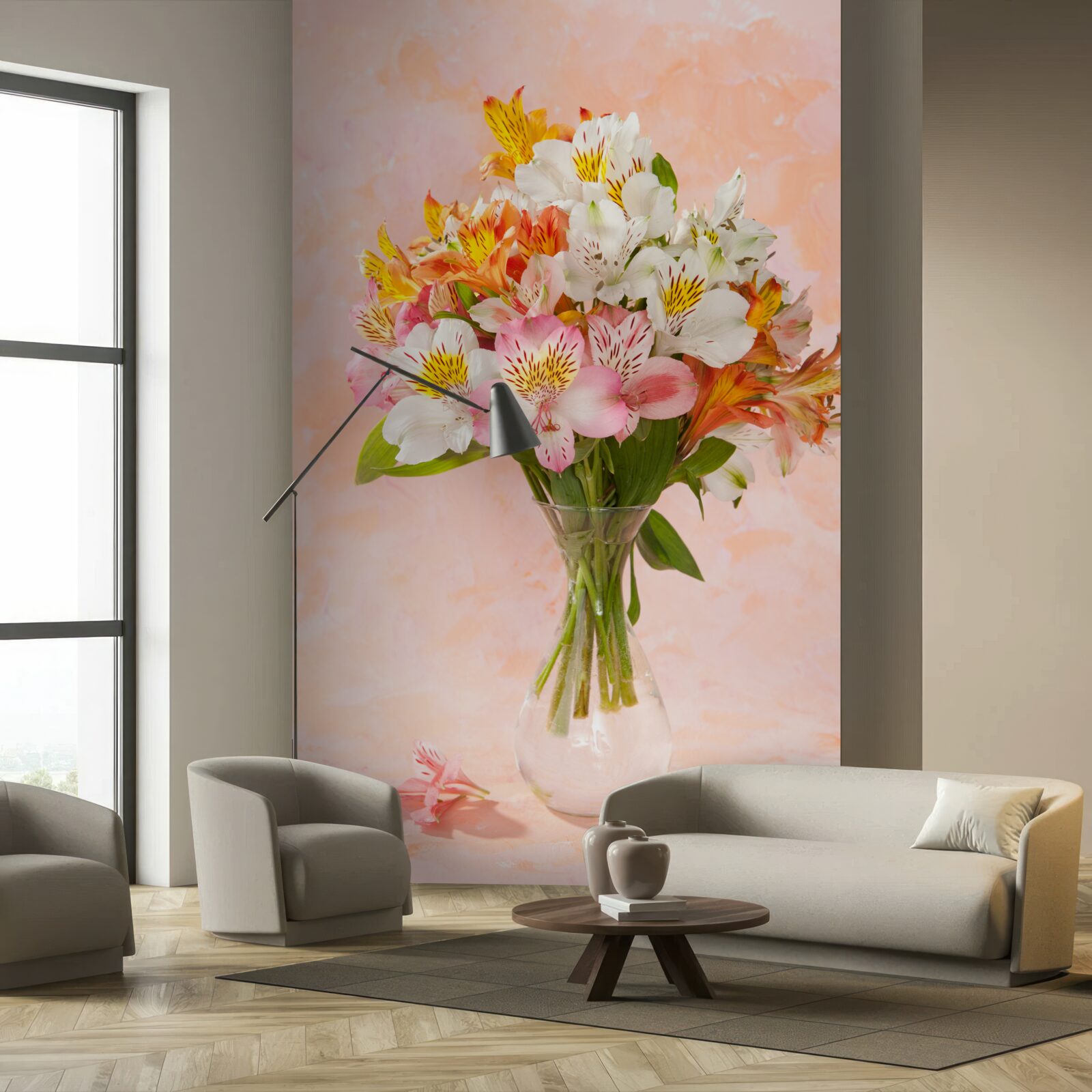 Fototapeten Die Vase hat einen Strauß verschiedener Frühlings, frische Blumen