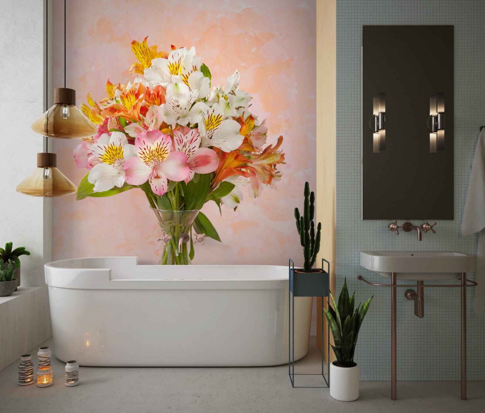 Fototapeten Die Vase hat einen Strauß verschiedener Frühlings, frische Blumen