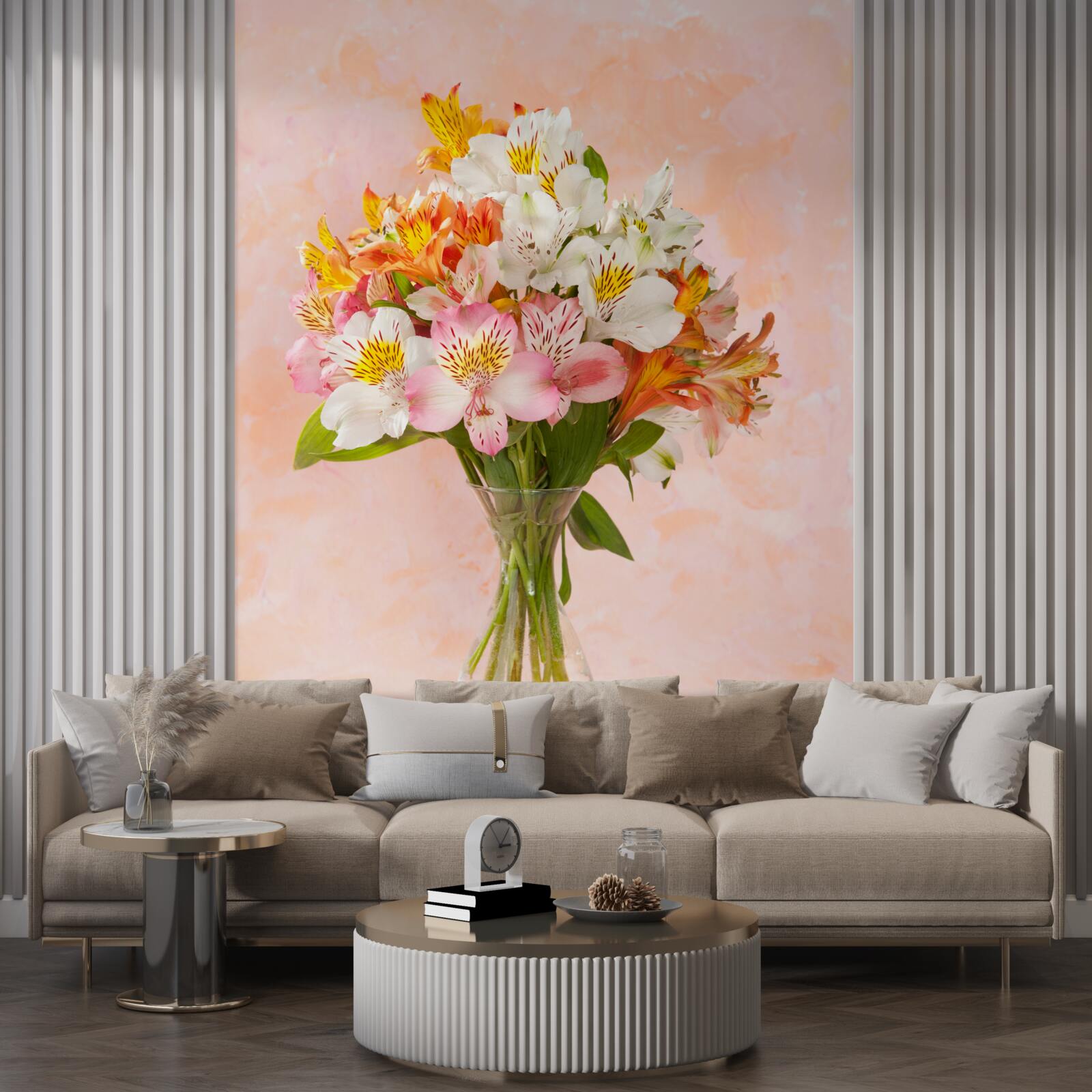 Fototapeten Die Vase hat einen Strauß verschiedener Frühlings, frische Blumen