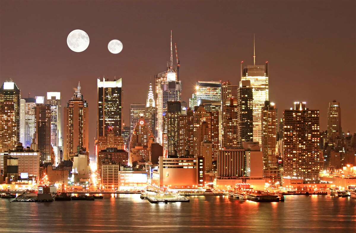 Fototapeten Die Sonne und der Mond scheinen über einer riesigen Stadt