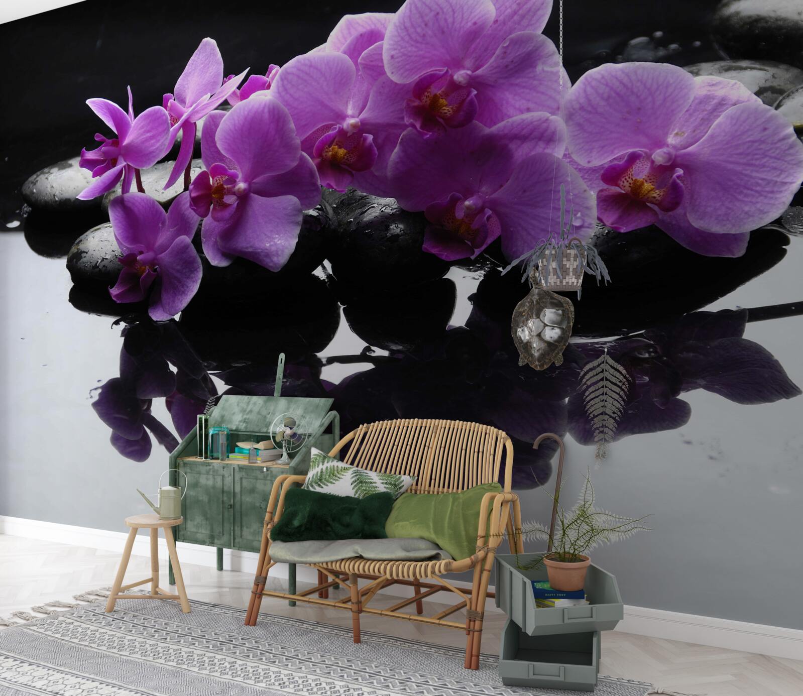 Fototapeten Lila Orchidee auf einem Stein in der Nähe von Wasser
