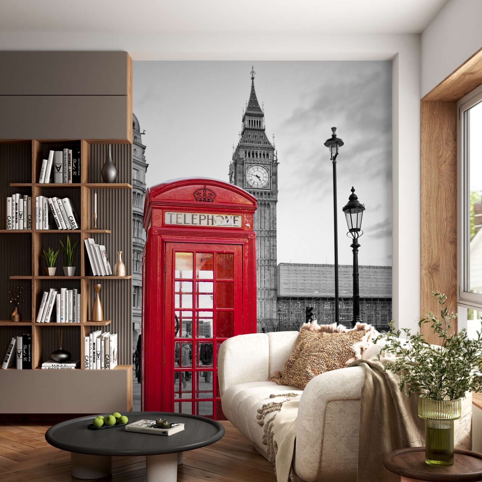 Fototapeten In der Mitte, neben Big Ben, gibt es eine rote Telefonzelle