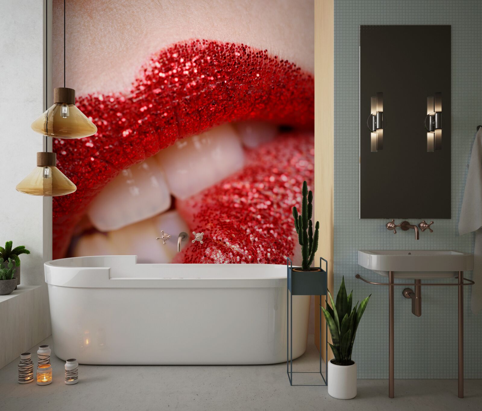 Fototapeten gebissene rote Lippen mit Glitzer