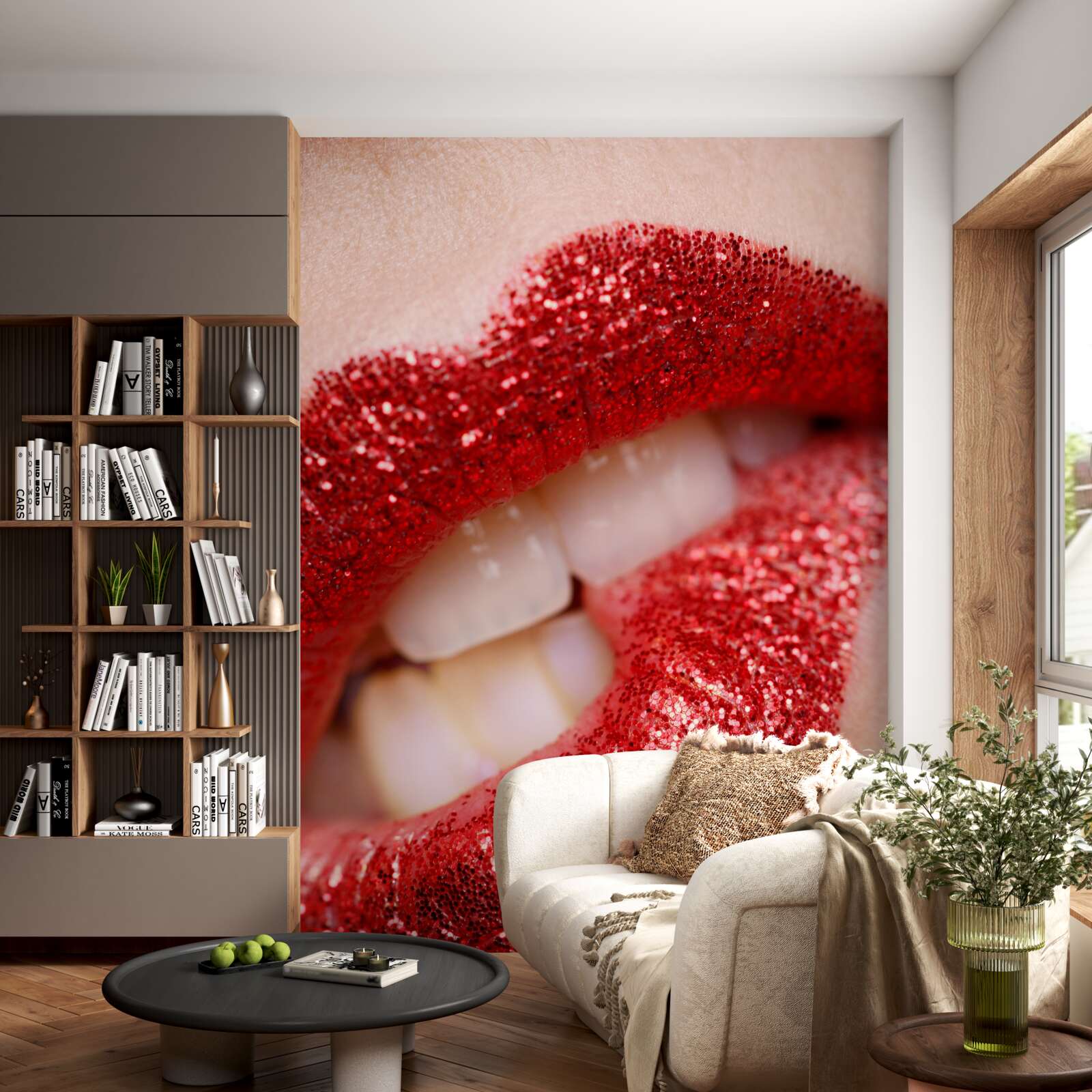 Fototapeten gebissene rote Lippen mit Glitzer