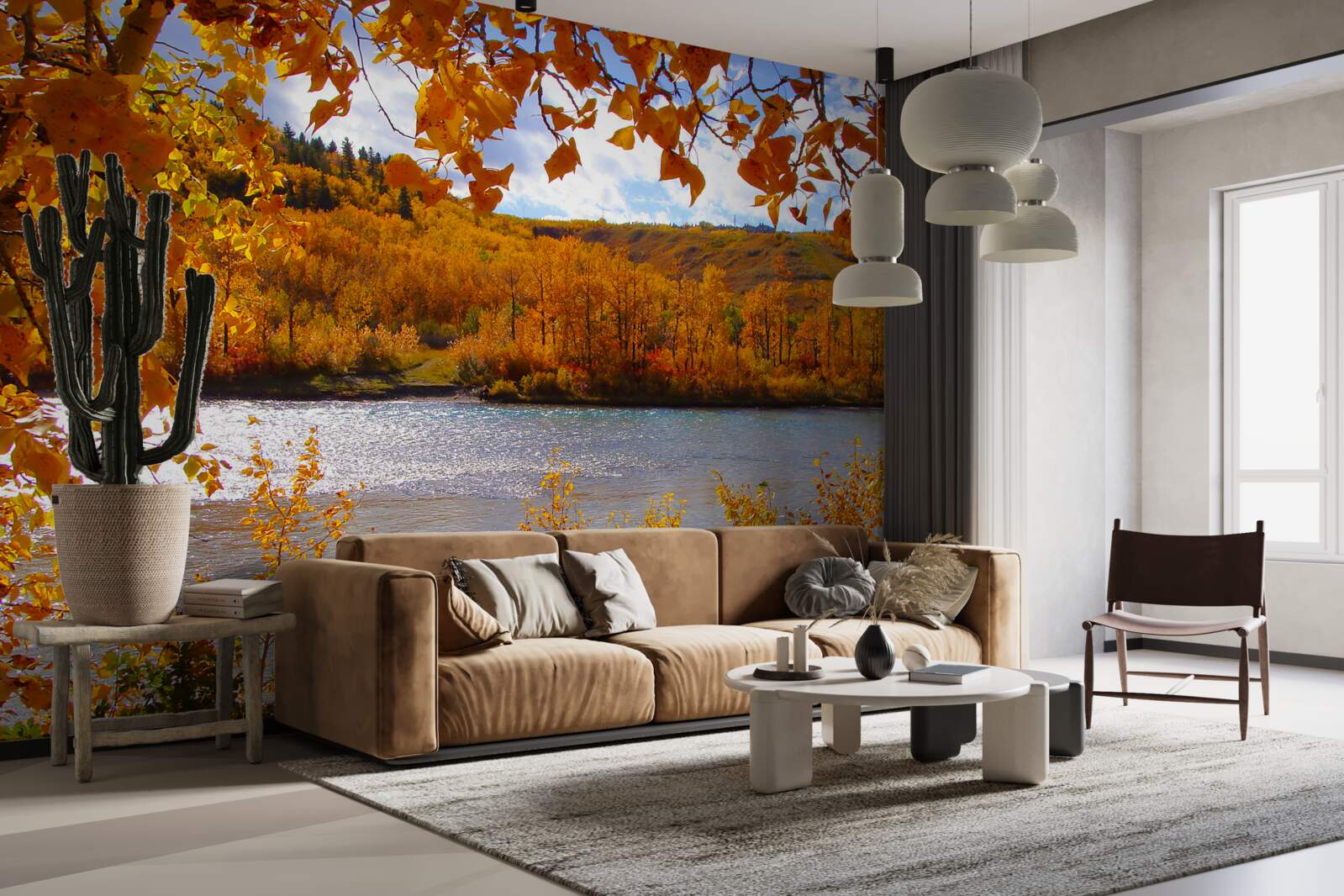 Fototapeten Goldener Herbst in einem dichten Wald in der Nähe des Flusses
